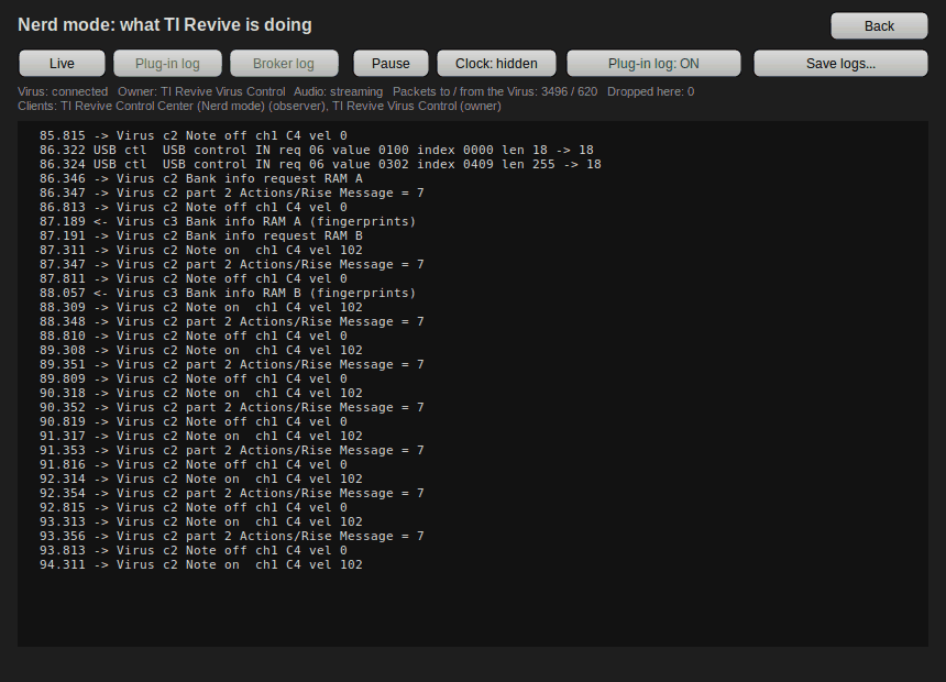 Nerd mode: the plug-in plays notes and checks its bank cache, decoded live