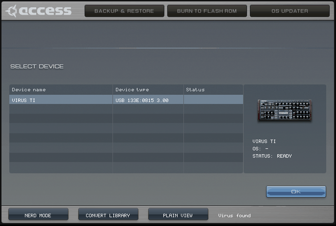 TI Revive Control Center in the look of Access' Virus Control Center