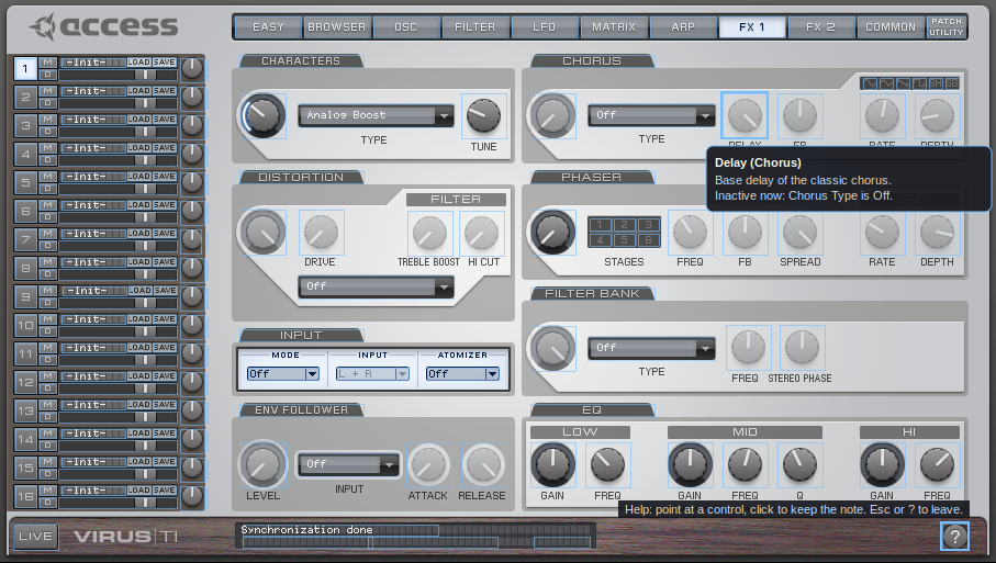 A help note on the greyed-out chorus delay knob: Inactive now, Chorus Type is Off