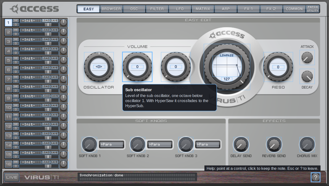 The plug-in's help mode: a note explains the sub oscillator knob